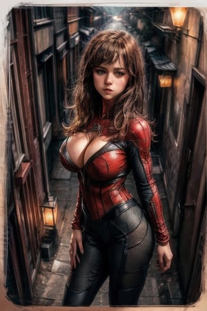 (melissa benoist) , spiderwoman suit, (big breast:1.5), creative behavior, imaginative, sensual, spontaneous,  flying, dutch angle, front facing, controls,  highest quality, skin texture, intricate details, (cinematic lighting), RAW photo, 8k,RedHoodWaifu,(red hood)