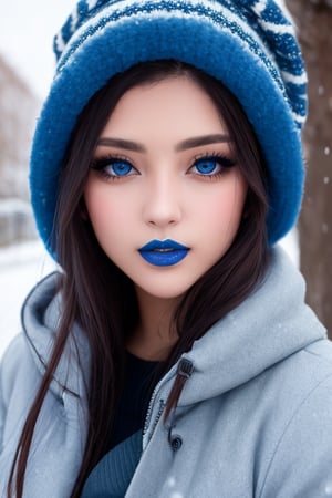 latina female outside in winter, blue lipstick, blue eyes, age 23, pleasant face, Analogous color scheme, ultradetailed, 8k resolution, perfect, smooth, high quality