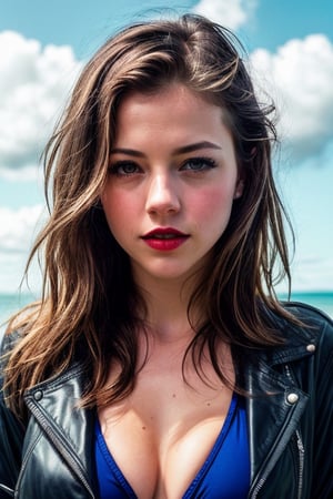 RAW photo, photorealistic:1.3, (melissa benoist) masterpiece, best quality, raw photo, (Ultra realistic),realism,perfecteyes,(huge breasts:1.2), bikini, in the water on the beach, blue sky with great clouds, sunny day,  8k photography, professional photoshoot, concept art, highly detailed, ((open jacket covering)), ,analog style,modelshoot style,  (wet skin), red lips, blue eyes,photorealistic, sexy pose, Real,analog,((((cinematic look)))), soothing tones, insane details, intricate details, hyperdetailed, cinematic light, ,LuxuriousWheelsCostume