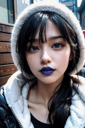 latina female outside in winter, blue lipstick, blue eyes, age 23, pleasant face, Analogous color scheme, ultradetailed, 8k resolution, perfect, smooth, high quality