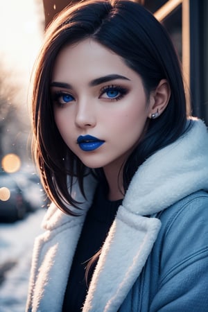 latina female outside in winter, blue lipstick, blue eyes, age 23, pleasant face, Analogous color scheme, ultradetailed, 8k resolution, perfect, smooth, high quality