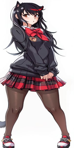 masterpiece, ((Hyung-tae Kim's art style)), (Full body portrait), (Full draw body), best quality, high resolution, ultra-detailed, illustration, 8K-Illustration, Hyper Detailed, 1girl, (Pretty face draw), (hair long) (hair black whith a one red tuft), (black school sweater), Red bow with black lines, Red school skirt with black squares, (Black stockings), looking at viewer, photorealistic, realistic, neko tail, perfect anime illustration,hourglass body shape, 