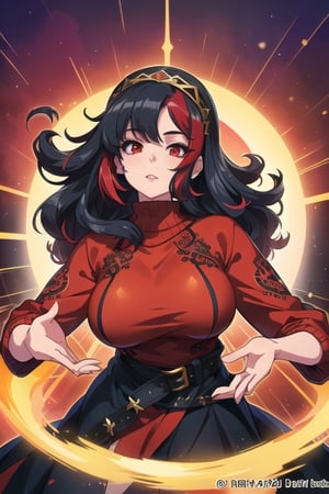 (best quality, masterpiece, colorful, dynamic angle, highest detailed)upper body photo, ((full body)), ((black hair)), ((black hair with fringe of hair Red streak in front)), (looking at viewer:1.2), (Red eyes), (detailed hands draw:1.4), (girl:1.5), Curled hair, (curvy), narrow waist, (real skin, oiled Skin, pale skin), (Red sweatshirt with a black logo in the center:1.3), (female body, narrow waist), (red hair accessory) (intricate details, hyperdetailed:1.15), detailed, moonlight passing through hair, (official art, extreme detailed, highest detailed),fantasy00d