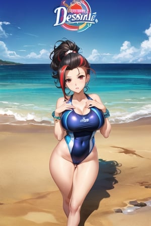 (best quality, masterpiece, intricate details), detailed face, detailed hands draw, (illustration anime), professional lighting, (Female protagonist of the game:デスティニーチャイルド) ((full body)), ((black hair)), ((red streak pompadour in the hair up front)), (Big ass:1.2), (Red eyes), (detailed hands draw:1.4), (girl:1.5), Curled hair, (curvy), narrow waist, (real skin, oiled Skin), (blue and white striped swimsuit:1.3), (cameltoe:0.5, futaneri penis), (blue crystal bracelets), On the beach, (Osamu Togashi) from the game "DESTINY CHILD"