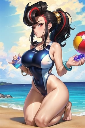 (best quality, masterpiece, intricate details), detailed face, detailed hands draw, (illustration anime), professional lighting, (Female protagonist of the game:デスティニーチャイルド) ((full body)), ((black hair)), ((red streak pompadour in the hair up front)), (Dickgirl:1.2,), (Red eyes), (detailed hands draw:1.4), (girl:1.5), Curled hair, (curvy), narrow waist, (real skin, oiled Skin), (blue and white striped swimsuit:1.3), (cameltoe:0.5, futanari penis), (blue crystal bracelets), On the beach, (Osamu Togashi) exhibiting his penis, dickgirl