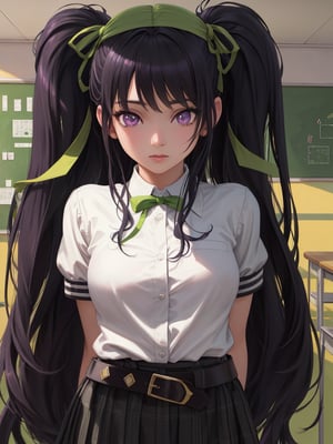 masterpiece, (Full body portrait), (Full draw body), best quality, high resolution, ultra-detailed, illustration, 8K-Illustration, Hyper Detailed, (Black hair with purple hue) 1girl, (Pretty face draw), (Gray and black checked school skirt)(Orange belt at the waist), (white school shirt with green polka dots), (green ribbon in hair), (Purple eyes), looking at viewer, photorealistic, realistic, view from side, perfect anime illustration