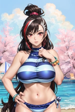 (best quality, masterpiece, intricate details), detailed face, (illustration anime), professional lighting, (Female protagonist of the game:デスティニーチャイルド) ((full body)), ((black hair)), ((red streak pompadour in the hair up front)), (Big ass:1.2), (Red eyes), (detailed hands draw:1.4), (girl:1.5), Curled hair, (curvy), narrow waist, (real skin, oiled Skin), (blue and white striped swimsuit:1.3), (cameltoe:0.5), (blue crystal bracelets), On the beach, (Osamu Togashi) from the game "DESTINY CHILD"