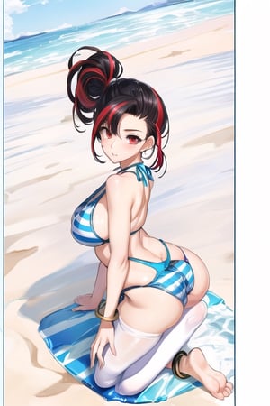 (best quality, masterpiece, intricate details), detailed face, detailed hands draw, (illustration anime), professional lighting, (Female protagonist of the game:デスティニーチャイルド) ((full body)), ((black hair)), ((red streak pompadour in the hair up front)), (Big ass:1.2), (Red eyes), (detailed hands draw:1.4), (girl:1.5), Curled hair, (curvy), narrow waist, (real skin, oiled Skin), (blue and white striped swimsuit:1.3), (cameltoe:0.5, futaneri penis), (blue crystal bracelets), On the beach, (Osamu Togashi) from the game "DESTINY CHILD"