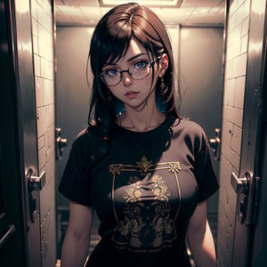 a photo of zilu, an attractive woman, in an (elevator), wearing a (t-shirt:1.1), glasses, (8k, RAW photo, best quality, depth of field, ultra high res:1.2), (absurdres, intricate, photorealistic, masterpiece, ultra-detailed, Unreal Engine:1.3)