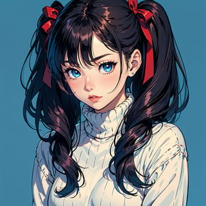 1girl, tohsaka rin, solo, long hair, sweater, sweater, looking at viewer, blue background, black hair, simple background, two side up, turtleneck, blue eyes, lips, closed mouth, ribbon, hair ribbon, bangs, turtleneck sweater, upper body, parted bangs, black ribbon, ribbed sweater, twintails, nose,
