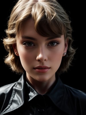 photo, rule of thirds, dramatic lighting, medium hair, detailed face, detailed nose, (taylor swift), freckles, smirk, (huge breast: 1.8),realism,realistic,raw,analog,woman,photorealistic,analog, black_skirt, black_background, black_clothes,black high collar shirt, camera look, looking_at_viewer