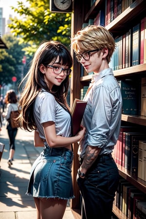 (masterpiece, best quality), introverted blond boy with glasses, cute black-haired girl with long hair, bangs, black eyes, and a mole under the left eye, standing, exchanging books in a library, from a side view, (smiling, sharing), (vibrant park environment), (light_shadows), (playful_atmosphere),