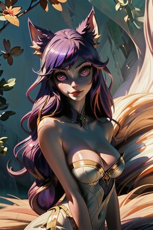 (RAW photo, best quality), (realistic, photo-realistic:1.30), mystical vastaya creature, slender and elegant figure, delicate and graceful curves, pale and soft skin, long and intense violet hair cascading around her body, large almond-shaped eyes with a golden radiance and a hint of mischief, fluffy and expressive tail.