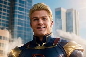 (masterpiece, best_quality:1.4), realistic_look, (blond_hair:1.5), (happy:1.2), (smile:1), (blue_superhero_costume:1), captivating_homelander, high_res, (high_quality), (domineering_gaze), (city_fund), (supernatural_power), (muscular_physique), (confident_stance), (heroic_presence), (attention_to_costume_details), (business_building_background:1.4), (mid-flight), (action_sequence).