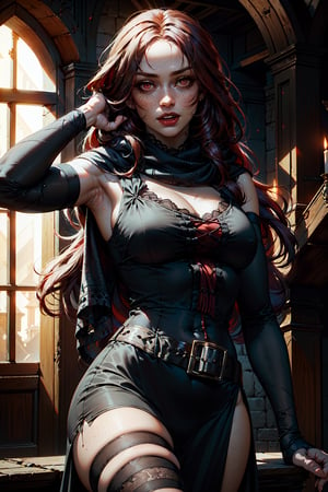 ((Masterpiece)), ((Best quality), ((realism)), 1 girl, long red hair, hair between eye's, bang's, red eye's, freckles, fang's, black scarf, medieval dress, bandaged arm's, leg haness, medieval background