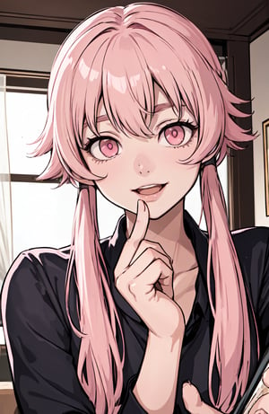 masterpiece, best quality, intricate), excited, upper body, seductive pose, in a living room yuno gasai, long hair, (pink eyes:1.5), pink hair, smile, low twintails