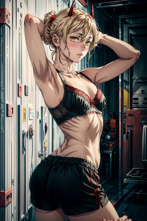 1girl, adult female, blonde hair, blush, yellow eyes, small red horns, black bra with lace, good hands, black tight shorts, (hands behind head:1.5), power_csm,power_csm