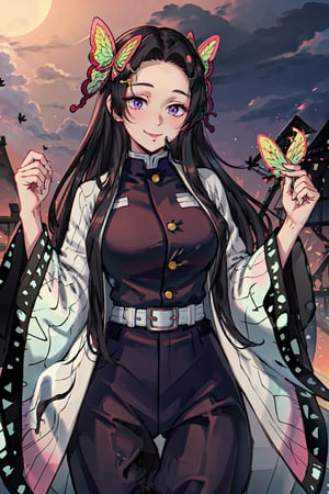 masterpiece, 1girl, solo, Kanae, (looking at viewer, cowboy shot, standing:1), (black hair, black colored hair, long black hair, long hair, long hair loose, bangs with parting:1.2), (purple eyes:1.3), (smile, mouth closed:1.2), (large breasts, sexy:1), (Kanae attire, black jacket, black pants, demon hunter uniform, haori, butterfly print, butterfly hair ornament, wide sleeves, long sleeves:1.15),