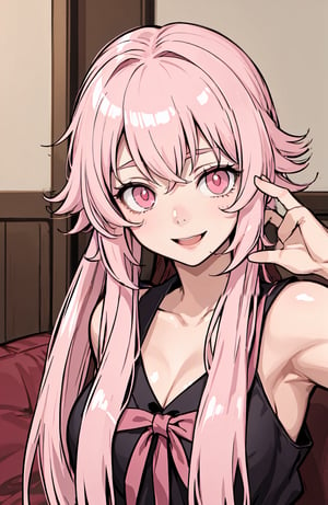 masterpiece, best quality, intricate), excited, upper body, seductive pose, in a living room yuno gasai, long hair, (pink eyes:1.5), pink hair, smile, low twintails