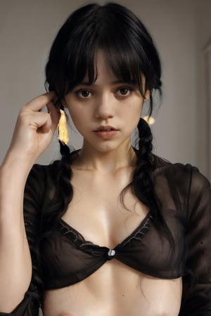 1girl, 20 years old, high_resolution, extremely detailed, full HD, maximum quality, masterpiece, realism, black hair, upper body, hands behind head, open shirt, no bra, tits, nipples, armpits, naked breast, (pale skin), well-detailed eyes,