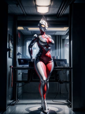 ((1woman)), wearing mecha suit, extremely erotic and tight costume, ((monstrously giant breasts, mask covering face, no hair, bald)), looking at the viewer, (((erotic pose+interacting+leaning+on something)))), on an alien ship, with various machines, computers, aliens, elevators, windows, ((full body):1.5), 16k, UHD, best possible quality, ((ultra detailed):1), best possible resolution, Unreal Engine 5, professional photography, ((((perfect_hands, perfect_fingers)))