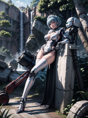 A woman, wearing a mecha outfit+cybernetic armor coat+futuristic costume, a white costume with blue parts, cybernetic helmet with colored visor, gigantic breasts, light blue hair, extremely short hair, hair with bangs in front of her eyes, ((looking at the viewer)), (((sensual pose+Interacting+leaning on anything+object+leaning against))), in a forest with waterfall, with large structures, altars with Ancient Writings, robots, robotic machines, 16K, UHD, ((full body)), Unreal Engine 5, quality max, max resolution, ultra-realistic, ultra-detailed, maximum sharpness, ((perfect_hands)), ((perfect_legs)), Goodhands-beta2, ((mecha+maid costume))