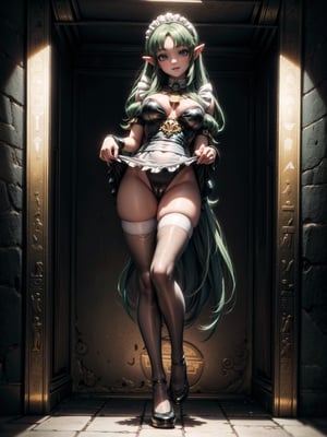 ((Full body):1.5) Princess Zelda:wearing extremely tight maid outfit, extremely large breasts, green hair, blue eyes, posing erotic, smiling and looking at the viewer, in an Egyptian tomb full of sarcophagi, anime, anime, Hyperrealism, Hyperrealism, 16k, high quality, high details, UHD, masterpiece,cartoon 