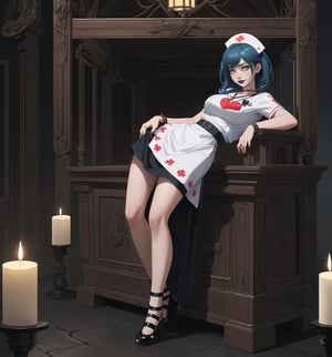 A nurse-gothic masterpiece with realistic details, rendered in ultra-high resolution. | A young woman, with blue hair and yellow eyes, is dressed in a nurse's outfit. The white dress with red details and the white apron with red details highlight her slender and careful figure. She also wears white socks, white low-heeled shoes, and accessories like a red heart pendant and a red leather bracelet, which add a layer of sweetness and affection to her appearance. ((The young woman smiles at the viewer, showing her white teeth and wearing black lipstick)), creating a charming contrast to her goth, nurse appearance. | The scene takes place in a macabre basement, lit by candles scattered throughout the room. The concrete, rock, wooden and metal structures create a spooky and mysterious atmosphere. The young woman stands out amidst this dark backdrop, adding a layer of beauty and fascination to the image. | Soft, moody lighting effects create a gothic mood, while detailed textures on clothing, accessories and set elements add realism to the masterpiece. | An intriguing and compelling scene of a young gothic nurse in a macabre basement, exploring themes of care, mystery, horror and beauty. | (((((The image reveals a full-body shot as she assumes a sensual pose, engagingly leaning against a structure within the scene in an exciting manner. She takes on a sensual pose as she interacts, boldly leaning on a structure, leaning back in an exciting way.))))). | ((full-body shot)), ((perfect pose)), ((perfect fingers, better hands, perfect hands)), ((perfect legs, perfect feet)), ((huge breasts)), ((perfect design)), ((perfect composition)), ((very detailed scene, very detailed background, perfect layout, correct imperfections)), More Detail, Enhance,