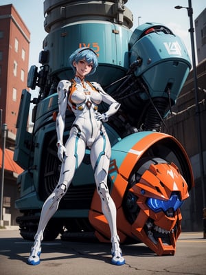 A woman, wearing mecha suit + mechanical suit, white suit with blue parts, gigantic breasts, light blue hair, short hair, straight hair, hair with bangs in front of the eyes, (lock helmet on the head), looking at the viewer, (((pose with interaction and leaning on [something|an object]))), in a giant robot hangar, with many vehicles, machines, gigane robots in the background, is daytime, ((full body):1.5), 16k, UHD, best possible quality, ultra detailed, best possible resolution, Unreal Engine 5, professional photography, well-detailed fingers, well-detailed hand, perfect_hands, ((rei_ayanami)) + ((neon_genesis_evangelion))