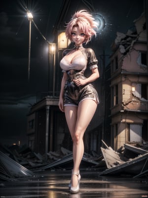 {((1woman)}, {only she is (((wearing black maid costume, extremely short and tight white shorts on the body)), only elá has ((giant breasts)), ((very short pink hair of Super Saiyan, blue eyes, energy being emanated on the body)), ((staring at the viewer, smiling)), ((fighting pose, in a completely devastated city, destroyed buildings, raining hard,  it's night, lights illuminating the place))}, ((full body):1.5), 16k, best quality, best resolution, best sharpness,
