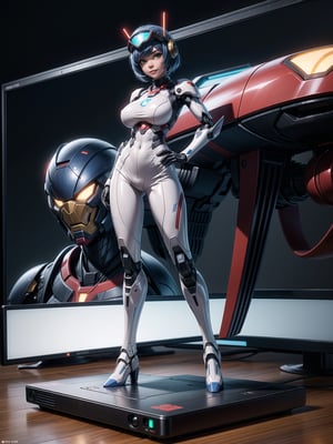 A woman, wearing ((white mecha suit with blue metallic couplings, gigantic breasts, helmet with transparent colored visor)), very short hair, blue hair, messy hair, hair with bangs in front of her eyes, (((looking at the viewer, sensual pose with interaction and leaning on anything+object+on something+leaning against+leaning against))) in a secret laboratory, with many computers, plasma TV, energy fusion machines, window showing an army of aliens, ((full body):1.5); 16K, UHD, unreal engine 5, quality max, max resolution, ultra-realistic, ultra-detailed, maximum sharpness, ((perfect_hands): 1), Goodhands-beta2, [super metroid]+((mecha))+[[Iron Man]]