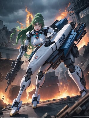 ((A woman, robot)), wearing all white robotic costume, robotic costume with gears in gold, robotic costume with armor, mohawk hair, green hair, messy hair, (looking directly at the viewer), she is in a war field with many vehicles with heavy armaments, many rubble, destroyed machines, it's night, heavy rain, thunder, ((Cyborg, mecha, futuristic)), 16K, UHD, best possible quality, ultra detailed, best possible possible resolution, Unreal Engine 5, professional photography, she is, ((dynamic pose with interaction and leaning on anything + object + on something + leaning against)) + perfect_thighs, perfect_legs, perfect_feet, better_hands, ((full body)), More detail,