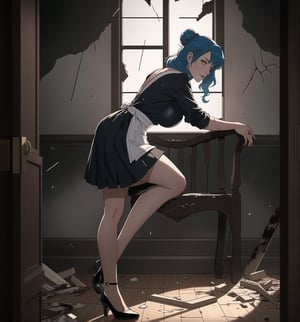 An ultra-detailed 4K masterpiece with Horror, Gothic and Realistic styles. | A 30-year-old woman, wearing a maid uniform, is in a destroyed and macabre apartment. She wears a black skirt, a white apron, black tights and low-heeled shoes. Her blue hair is long and wavy, tied into a bun at the back of her head. Her yellow eyes are filled with fear and despair as she takes in the scene of destruction around her. The apartment has cracked walls, broken furniture, broken glass scattered across the floor and blood stains in several places. The atmosphere is heavy and suffocating, with dark shadows hiding in corners. | Medium shot composition, dark lighting. | Woman employed in the destroyed and macabre apartment with cracked walls, broken furniture, broken glass scattered across the floor and blood stains in several places. |  (((((The image reveals a full-body shot as she assumes a sensual pose, engagingly leaning against a structure within the scene in an exciting manner. She takes on a sensual pose as she interacts, boldly leaning on a structure, leaning back in an exciting way.))))). | ((full-body shot)), ((perfect pose)), ((perfect fingers, better hands, perfect hands)), ((perfect legs, perfect feet)), ((Big, huge breasts)), ((perfect design)), ((perfect composition)), ((very detailed scene, very detailed background, perfect layout, correct imperfections)), More Detail, Enhance