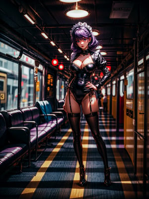 ((full body, standing):1.5), {(1woman)}, {((wearing black maid outfit with white parts, extremely tight and tight on the body)), looking at the viewer, furious, (( extremely large breasts)), ((purple hair, bright blue eyes)), ((striking an extremely sexual pose))}, {((on a moving train, daylight, crowded with people, people sitting, people of different ethnicities))}, 16k, best quality, best resolution, best sharpness, ultra detailed