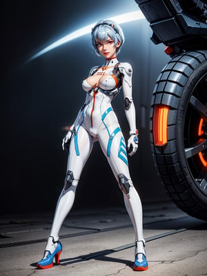 A woman, wearing mecha suit + mechanical suit, white suit with blue parts, gigantic breasts, light blue hair, short hair, straight hair, hair with bangs in front of the eyes, (lock helmet on the head), looking at the viewer, (((pose with interaction and leaning on [something|an object]))), in a giant robot hangar, with many vehicles, machines, gigane robots in the background, is daytime, ((full body):1.5), 16k, UHD, best possible quality, ultra detailed, best possible resolution, Unreal Engine 5, professional photography, well-detailed fingers, well-detailed hand, perfect_hands, ((rei_ayanami)) + ((neon_genesis_evangelion))