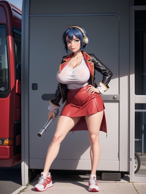 a woman, wearing white T-shirt, black coat, red short skirt, sneakers, very tight and moderna outfit, ((gigantic breasts)), blue hair, braided hair, very short hair, ((wearing headphones)), is looking at the viewer, (((sensual pose with interaction and leaning on anything+object+leaning))), she is on a bus with seats, security bars, many people on the bus with different ethnicities, it is daytime, ((full body):1.5), 16K, UHD, maximum quality, resolution maximum, ultra realistic, ultra detailed, ((perfect_hands, perfect_fingers)),furtastic_detailer, Goodhands-beta2, ((Pirates of the Caribbean))