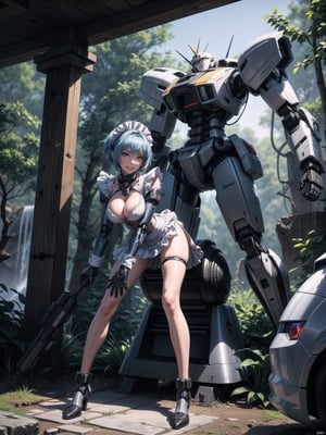 A woman, wearing a mecha outfit+cybernetic armor coat+futuristic costume, a white costume with blue parts, cybernetic helmet with colored visor, gigantic breasts, light blue hair, extremely short hair, hair with bangs in front of her eyes, ((looking at the viewer)), (((sensual pose+Interacting+leaning on anything+object+leaning against))), in a forest with waterfall, with large structures, altars with Ancient Writings, robots, robotic machines, 16K, UHD, ((full body)), Unreal Engine 5, quality max, max resolution, ultra-realistic, ultra-detailed, maximum sharpness, ((perfect_hands)), ((perfect_legs)), Goodhands-beta2, ((mecha+maid costume))