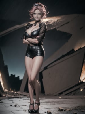 {((1woman))}, {only she is (((wearing black maid attire, extremely short and tight white shorts on the body)), only elá has ((giant breasts)), (((very short pink hair, blue eyes)), ((staring at the viewer, smiling)), ((fighting pose, in a completely devastated city, destroyed buildings, multiple people with different ethnicities, raining hard, is at night,  lights illuminating the place))}, ((full body):1.5), 16k, best quality, best resolution, best sharpness,