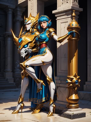 A woman, white armor with black parts, robotic body parts, extremely large breasts, blue hair, short hair, hair with bangs in front of the eyes, helmet on the head, looking at the viewer, (((erotic pose interacting and leaning [on something|on an object])))), in an ancient Greek temple with large structures, machines, robots, ((full body):1.5), 16k,  UHD, best possible quality, ultra detailed, best possible resolution, Unreal Engine 5, professional photography, well-detailed fingers, well-detailed hand, perfect_hands, ((saint seiya style, zelda legend of kingdom style, super metroid style, mecha style, robot style))