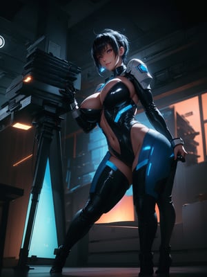 A woman, wearing white mech costume, black parts, extremely tight and tight on the body, gigantic breasts, very short blue hair, very messy hair, bangs in front of the eyes, ((((looking at the viewer, erotic pose interacting and leaning on an object)))), in a laboratory, machines, robots, tubes with lights, is daytime, city being shown through the window, ((full body):1.5). 16k, UHD, best possible quality, best possible detail, best possible resolution, ((Unreal Engine 5, professional photography, raw photo, masterpiece):1)
