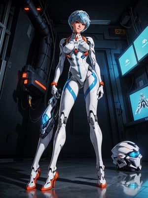 A woman, wearing mecha suit + mechanical suit, white suit with blue parts, gigantic breasts, light blue hair, short hair, straight hair, hair with bangs in front of the eyes, (lock helmet on the head), looking at the viewer, (((pose with interaction and leaning on [something|an object]))), in a giant robot hangar, with many vehicles, machines, gigane robots in the background, is daytime, ((full body):1.5), 16k, UHD, best possible quality, ultra detailed, best possible resolution, Unreal Engine 5, professional photography, well-detailed fingers, well-detailed hand, perfect_hands, ((rei_ayanami)) + ((neon_genesis_evangelion))