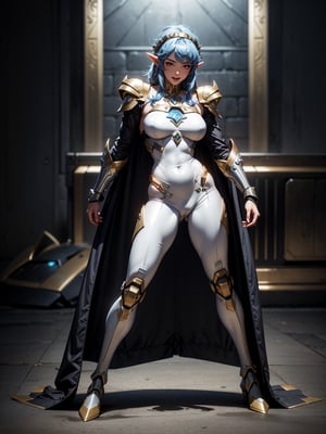 A woman, white suit with black parts, robotic body parts, very big breasts, blue hair, short hair, hair with bangs in front of the eyes, helmet on the head, looking at the viewer, (((erotic pose interacting and leaning [on something|on an object])))), in a very large vehicle with diverse, machines, robots, ((full body):1.5), 16k, UHD,  best possible quality, ultra detailed, best possible resolution, Unreal Engine 5, professional photography, well-detailed fingers, well-detailed hand, perfect_hands, ((zelda style, saint seiya style, mecha style, robot style))