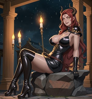 An ultra-detailed 16K masterpiece featuring fantasy, gothic and sensual styles, rendered in ultra-high resolution with realistic details. | A young 23-year-old woman, with huge breasts, wearing a devilish warrior costume consisting of black leather armor with red details, a short black leather dress with red details, black leather knee-high boots, black leather gloves, black leather and demon horns on the head. Her long red hair, styled in a wavy cut, has shiny strands that reflect the torchlight. Her yellow eyes look at the viewer with a seductive expression, smiling and showing her teeth. Located in a macabre temple at night, with dark stone structures, marble columns and demon sculptures. Heavy rain falls, creating a rhythmic sound as it hits the stone floor. Lighted torches illuminate the place, casting dancing shadows on the temple walls. A stone altar, statues of demon warriors, and ancient vases adorn the scene. | The image highlights the imposing figure of the young devilish warrior and the architectural elements of the temple. The dark stone structures, marble columns and demon sculptures, along with the warrior woman, altar, statues and ancient vases, create a frightening and seductive environment. Thunder in the night sky illuminates the scene, creating dramatic shadows and highlighting the details of the scene. | Soft, moody lighting effects create a relaxing and mysterious atmosphere, while rough, detailed textures on structures and costume add realism to the image. | A relaxing and terrifying scene of a young devilish warrior in a macabre temple, fusing elements of gothic art, fantasy and sensuality. | (((The image reveals a full-body shot as the young woman assumes a sensual pose, engagingly leaning against a structure within the scene in an exciting manner. She takes on a sensual pose as she interacts, boldly leaning on a structure, leaning back and boldly throwing herself onto the structure, reclining back in an exhilarating way.))). | ((((full-body shot)))), ((perfect pose)), ((perfect arms):1.2), ((perfect limbs, perfect fingers, better hands, perfect hands, hands)), ((perfect legs, perfect feet):1.2), the young woman has ((perfect breasts, firm breasts, saggy breasts, huge breasts)), ((perfect design)), ((perfect composition)), ((very detailed scene, very detailed background, perfect layout, correct imperfections)), Enhance, Ultra details, More Detail, ((poakl))