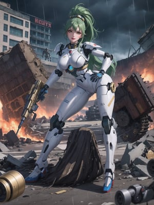 ((A woman, robot)), wearing all white robotic costume, robotic costume with gears in gold, robotic costume with armor, mohawk hair, green hair, messy hair, (looking directly at the viewer), she is in a war field with many vehicles with heavy armaments, many rubble, destroyed machines, it's night, heavy rain, thunder, ((Cyborg, mecha, futuristic)), 16K, UHD, best possible quality, ultra detailed, best possible possible resolution, Unreal Engine 5, professional photography, she is, ((dynamic pose with interaction and leaning on anything + object + on something + leaning against)) + perfect_thighs, perfect_legs, perfect_feet, better_hands, ((full body)), More detail,