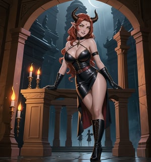 An ultra-detailed 16K masterpiece featuring fantasy, gothic and sensual styles, rendered in ultra-high resolution with realistic details. | A young 23-year-old woman, with huge breasts, wearing a devilish warrior costume consisting of black leather armor with red details, a short black leather dress with red details, black leather knee-high boots, black leather gloves, black leather and demon horns on the head. Her long red hair, styled in a wavy cut, has shiny strands that reflect the torchlight. Her yellow eyes look at the viewer with a seductive expression, smiling and showing her teeth. Located in a macabre temple at night, with dark stone structures, marble columns and demon sculptures. Heavy rain falls, creating a rhythmic sound as it hits the stone floor. Lighted torches illuminate the place, casting dancing shadows on the temple walls. A stone altar, statues of demon warriors, and ancient vases adorn the scene. | The image highlights the imposing figure of the young devilish warrior and the architectural elements of the temple. The dark stone structures, marble columns and demon sculptures, along with the warrior woman, altar, statues and ancient vases, create a frightening and seductive environment. Thunder in the night sky illuminates the scene, creating dramatic shadows and highlighting the details of the scene. | Soft, moody lighting effects create a relaxing and mysterious atmosphere, while rough, detailed textures on structures and costume add realism to the image. | A relaxing and terrifying scene of a young devilish warrior in a macabre temple, fusing elements of gothic art, fantasy and sensuality. | (((The image reveals a full-body shot as the young woman assumes a sensual pose, engagingly leaning against a structure within the scene in an exciting manner. She takes on a sensual pose as she interacts, boldly leaning on a structure, leaning back and boldly throwing herself onto the structure, reclining back in an exhilarating way.))). | ((((full-body shot)))), ((perfect pose)), ((perfect arms):1.2), ((perfect limbs, perfect fingers, better hands, perfect hands, hands)), ((perfect legs, perfect feet):1.2), the young woman has ((perfect breasts, firm breasts, saggy breasts, huge breasts)), ((perfect design)), ((perfect composition)), ((very detailed scene, very detailed background, perfect layout, correct imperfections)), Enhance, Ultra details, More Detail, ((poakl))