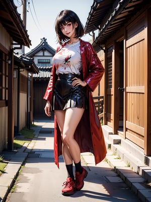 A woman, wearing a schoolgirl outfit with a white t-shirt, red coat, short black skirt, long white socks, black sneakers, ((gigantic breasts)), black hair, very short hair, straight hair, hair with bangs in front of her eyes, ((blood everywhere)), looking at the viewer, (([pose with interaction and leaning on something|pose with interaction and leaning on a large object])), in an ancient Japanese village, with altars, structures , windows, night time, heavy fog, ((full body):1.5), 16k, UHD, best possible quality, ultra detailed, best possible resolution, Unreal Engine 5, professional photography, well-detailed fingers, well-detailed hand , perfect_hands, perfect, ((fatal frame crimson butterfly))