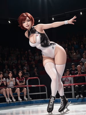 A woman, wearing white Olympic skating lycra costume with black parts, extremely tight costume on the body, wearing ice skates, gigantic breasts, very short red hair, bangs in front of the eyes, (((erotic pose interacting with the audience))), in an ice skating rink, many people in the audience watching, excellent lighting, windows, is daytime,  photographers, ((full body):1.5). 16k, UHD, best possible quality, best possible detail, best possible resolution, Unreal Engine 5,
