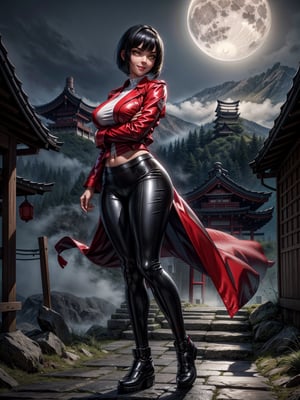 Just a student woman, wearing a red silk coat, white T-shirt, short black pants, extremely tight and tight clothes on the body, gigantic breasts, black hair, very short hair, straight hair, hair with bangs in front of the eyes, (((staring at the viewer, erotic pose interacting and leaning on something)))), in an ancient Japanese village, large pillars, large structures, ghosts, fog, night mountain background with full moon at top left, ((full body):1.5), 16k, UHD, best possible quality, ((ultra detailed):1.2), best possible resolution, Unreal Engine 5, professional photography, perfect_hands