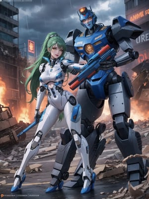 ((A woman, robot)), wearing all white robotic costume, robotic costume with gears in gold, robotic costume with armor, mohawk hair, green hair, messy hair, (looking directly at the viewer), she is in a war field with many vehicles with heavy armaments, many rubble, destroyed machines, it's night, heavy rain, thunder, ((Cyborg, mecha, futuristic)), 16K, UHD, best possible quality, ultra detailed, best possible possible resolution, Unreal Engine 5, professional photography, she is, ((sensual pose with interaction and leaning on anything + object + on something + leaning against)) + perfect_thighs, perfect_legs, perfect_feet, better_hands, ((full body)), More detail,