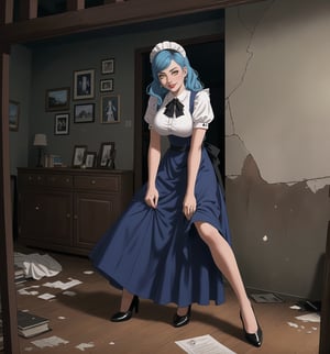 An ultra-detailed 4K masterpiece with Horror, Gothic and Realistic styles. | A woman in her 30s is dressed in a black and white maid uniform, consisting of a dress with a long skirt, a white apron and a white maid cap. She has ((blue) hair), long and wavy, with a hairstyle reminiscent of the 1940s or 1950s, and is decorated with a white sash and a gold brooch. Her yellow eyes are looking directly at the viewer, with a mischievous smile that shows her sharp white teeth, and her makeup is discreet, with dark red lipstick. She is in a destroyed and macabre apartment, with dirty and cracked walls, broken furniture and personal objects scattered across the floor, such as books, photographs and clothes. There are also bloodstains on the walls and floor, suggesting that something terrible has happened in this location, and the light is dim and eerie, creating dark shadows. | Medium shot composition, dark lighting. | Woman employed in a destroyed and macabre apartment, with dirty and cracked walls, broken furniture and personal objects scattered across the floor, such as books, photographs and clothes. There are also bloodstains on the walls and floor. | (((((The image reveals a full-body shot as she assumes a sensual pose, engagingly leaning against a structure within the scene in an exciting manner. She takes on a sensual pose as she interacts, boldly leaning on a structure, leaning back in an exciting way.))))). | ((full-body shot)), ((perfect pose)), ((perfect fingers, better hands, perfect hands)), ((perfect legs, perfect feet)), ((Big, huge breasts)), ((perfect design)), ((perfect composition)), ((very detailed scene, very detailed background, perfect layout, correct imperfections)), More Detail, Enhance
